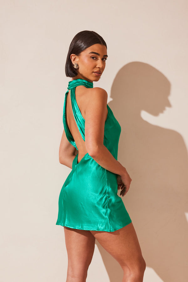 Claire Shiny A Line Mini Dress - Green