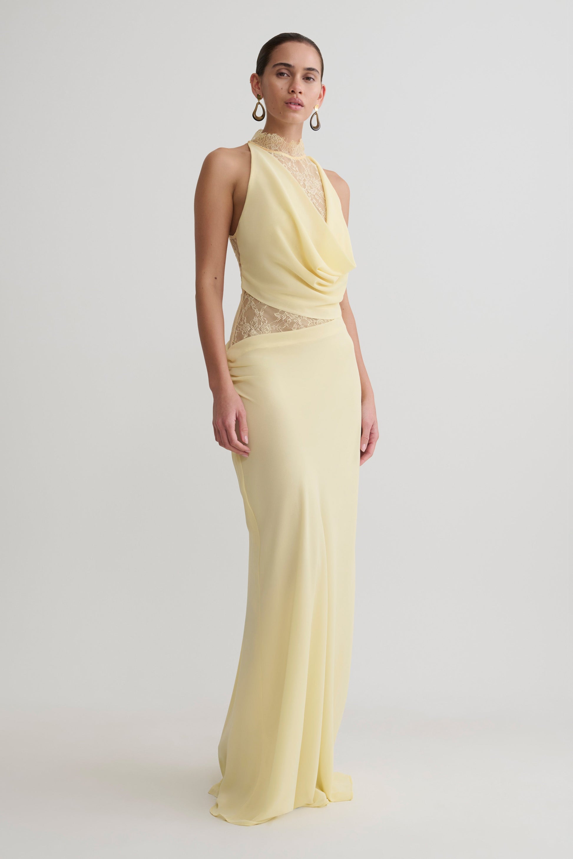 Arra Chiffon And Lace Halter Maxi Dress - Lemon #5
