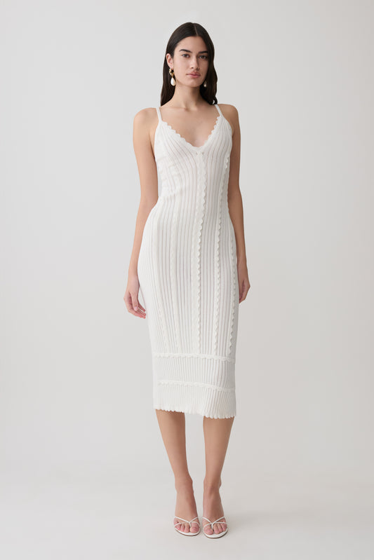 Cooper Scalloped Neckline Pointelle Midi Dress - White