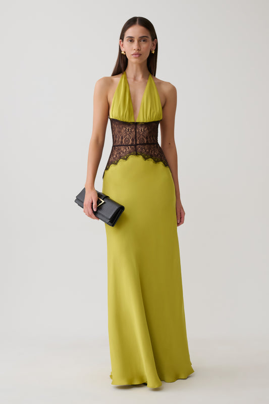 Dinah Lace And Satin Maxi Dress - Chartreuse