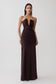 Woman wearing brown gathered centre wire maxi dress.