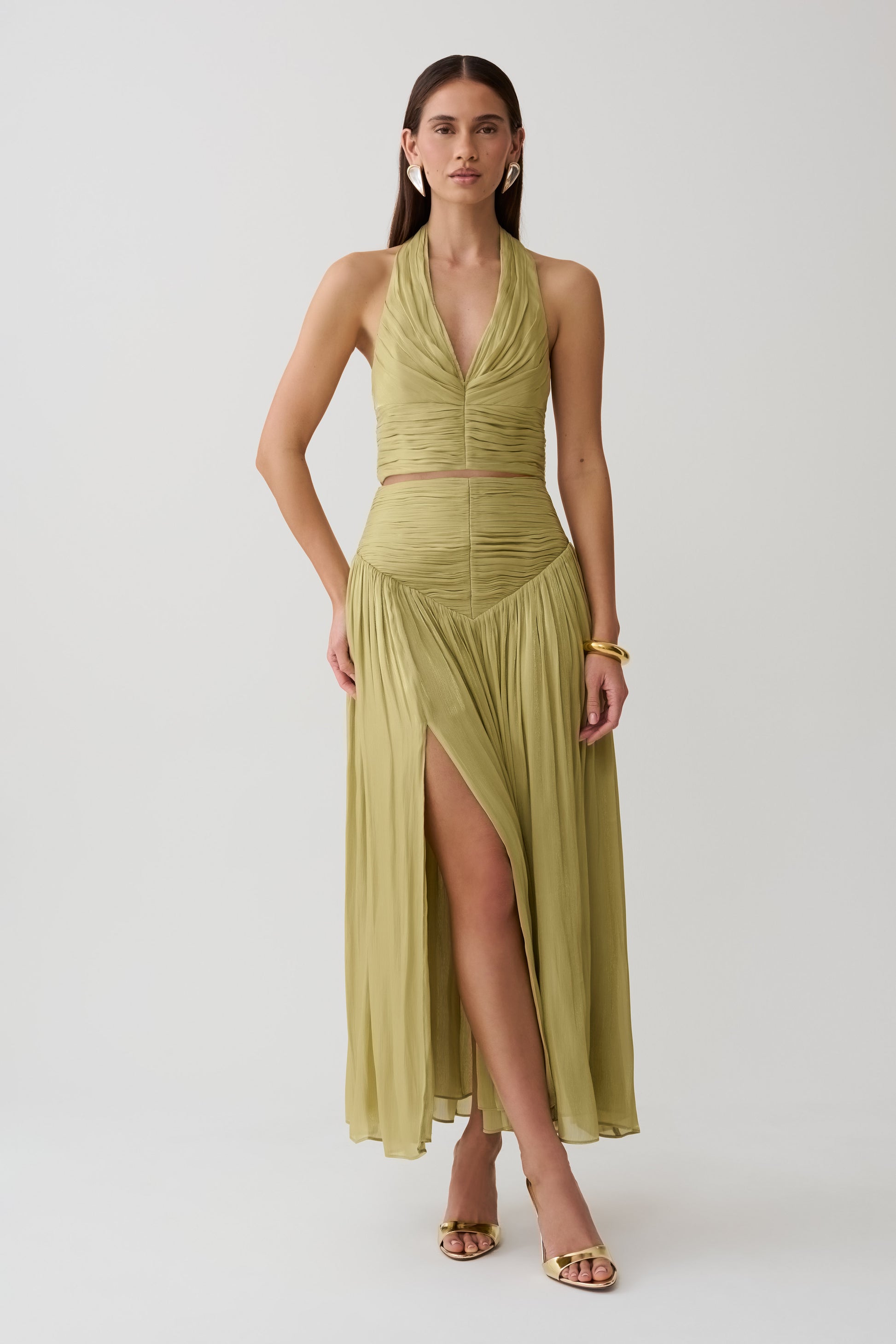 Makena Gathered V Neck Top - Green #7