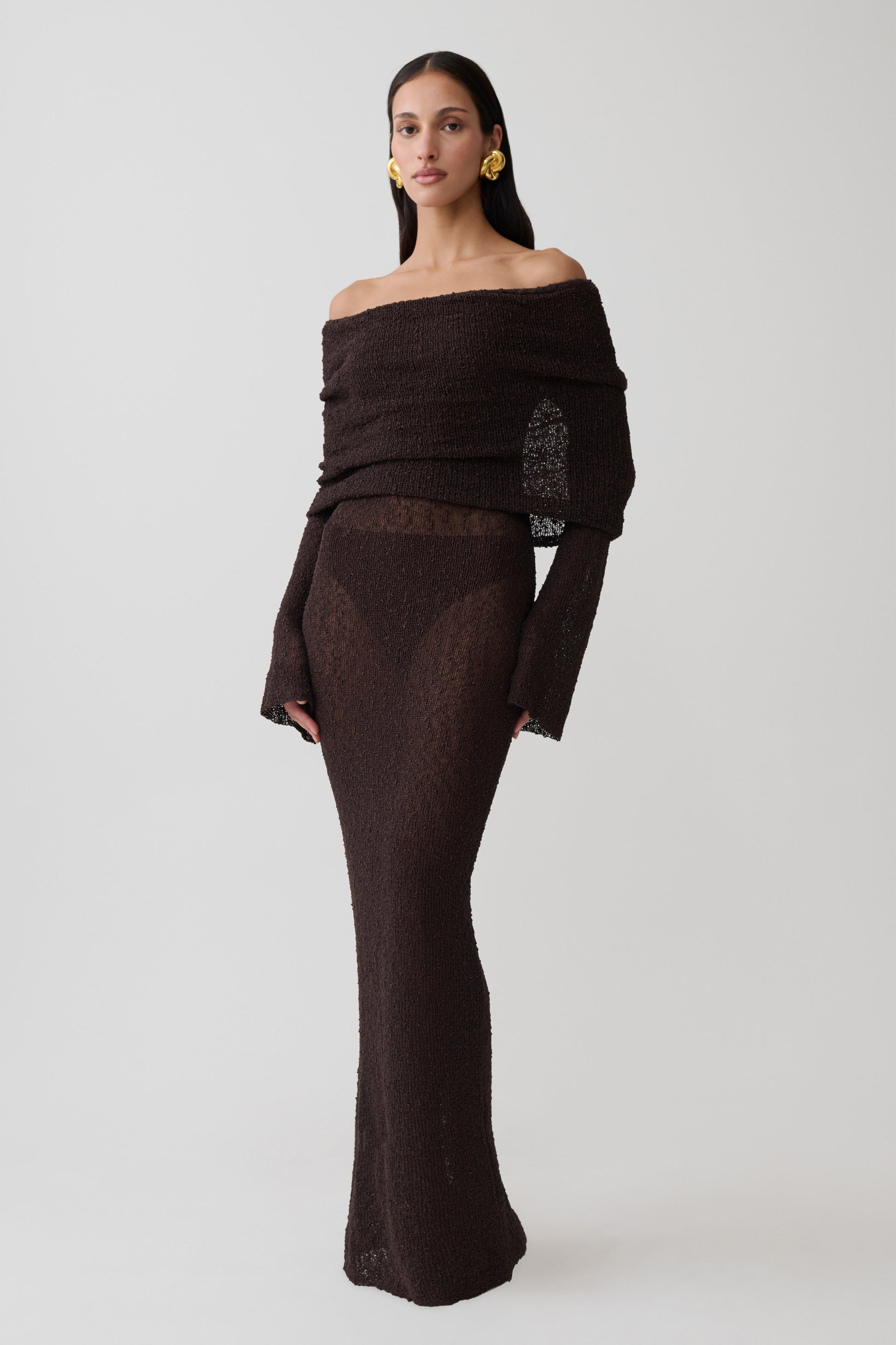 Marisol Off Shoulder Boucle Maxi Dress - Dark Chocolate #4