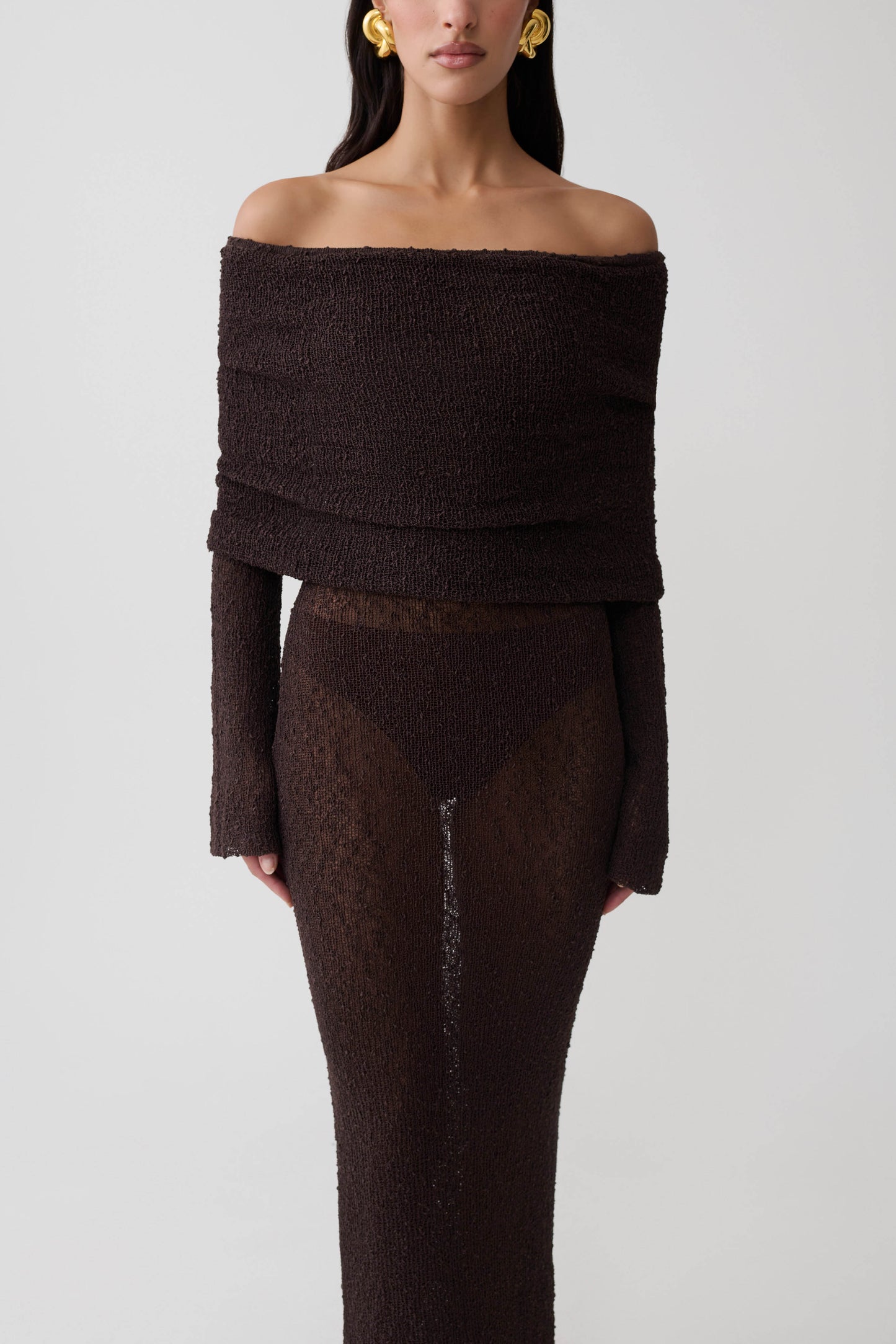 Marisol Off Shoulder Boucle Maxi Dress - Dark Chocolate