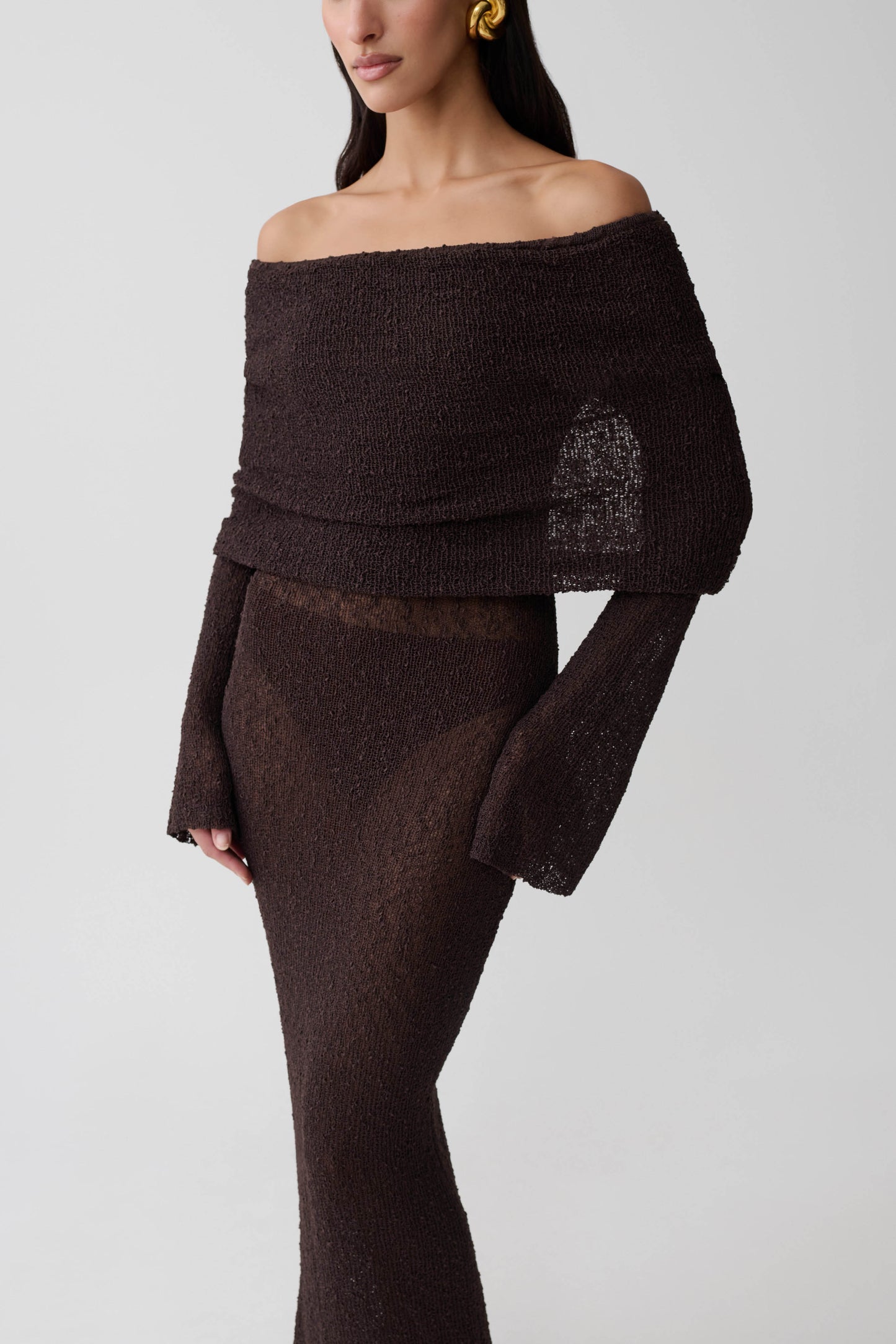 Marisol Off Shoulder Boucle Maxi Dress - Dark Chocolate