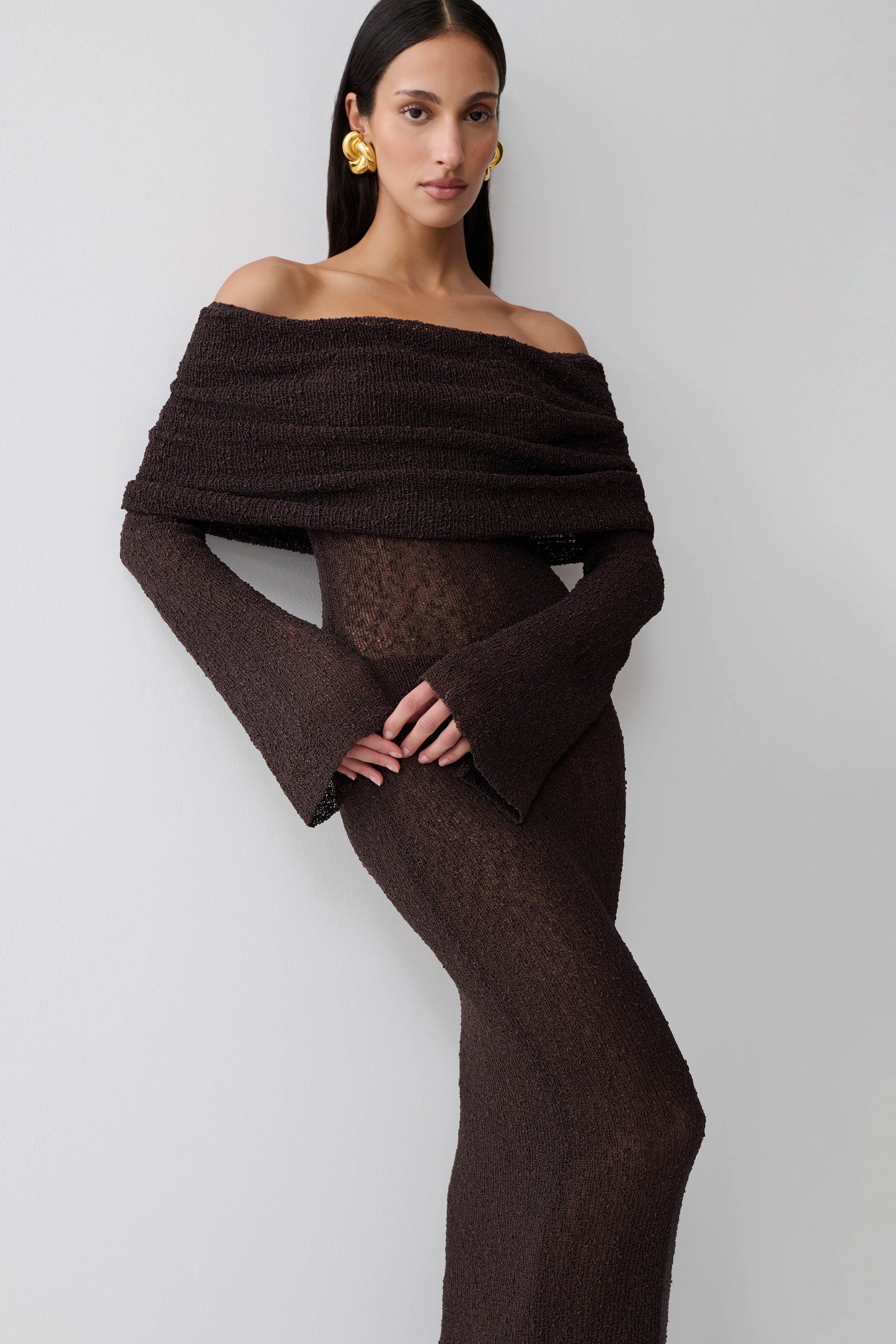 Marisol Off Shoulder Boucle Maxi Dress - Dark Chocolate