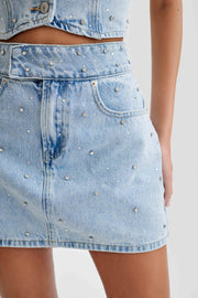Kieryn Embellished Denim Mini Skirt - Light Blue