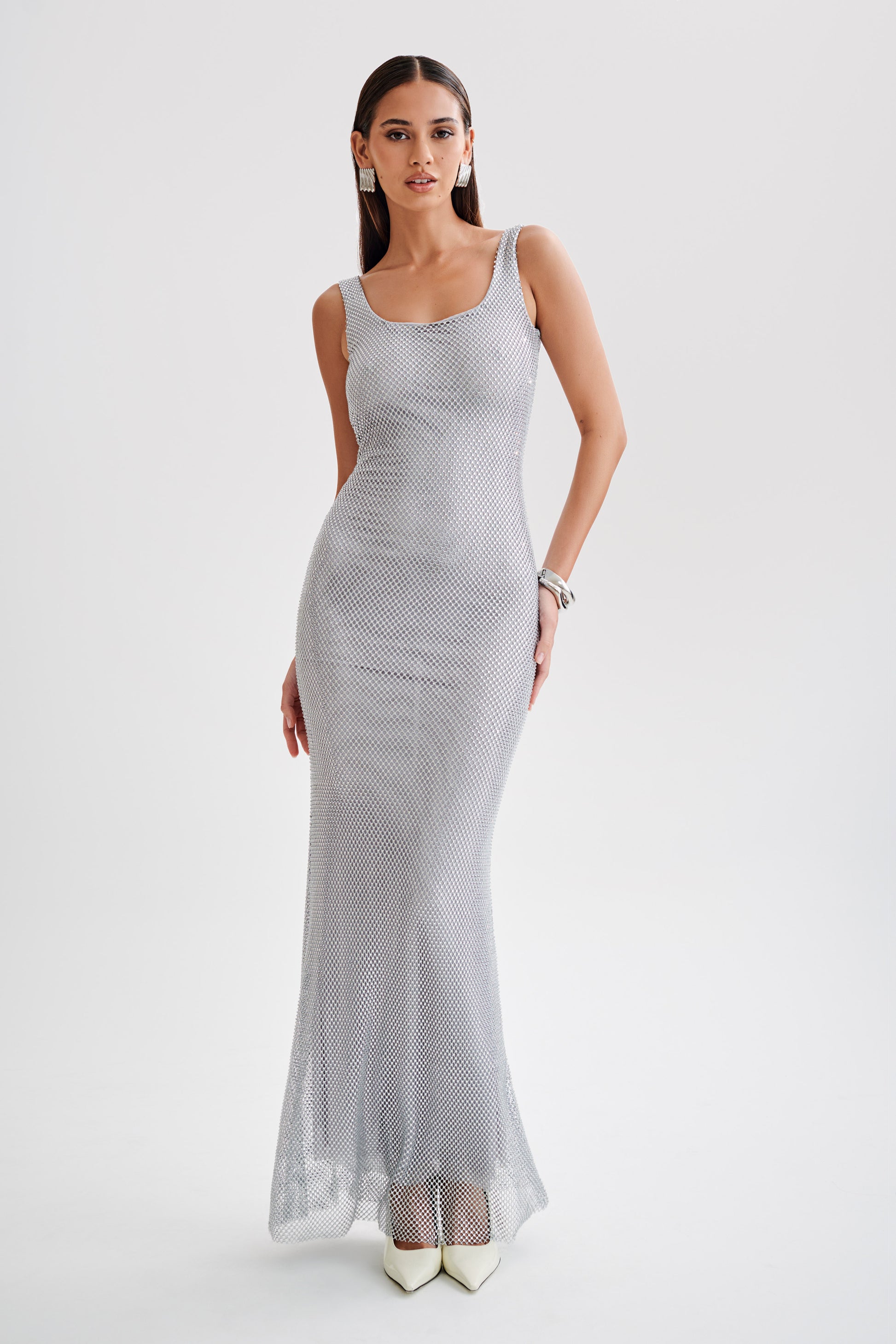 Annika Diamante Mesh Maxi Dress - Silver #6