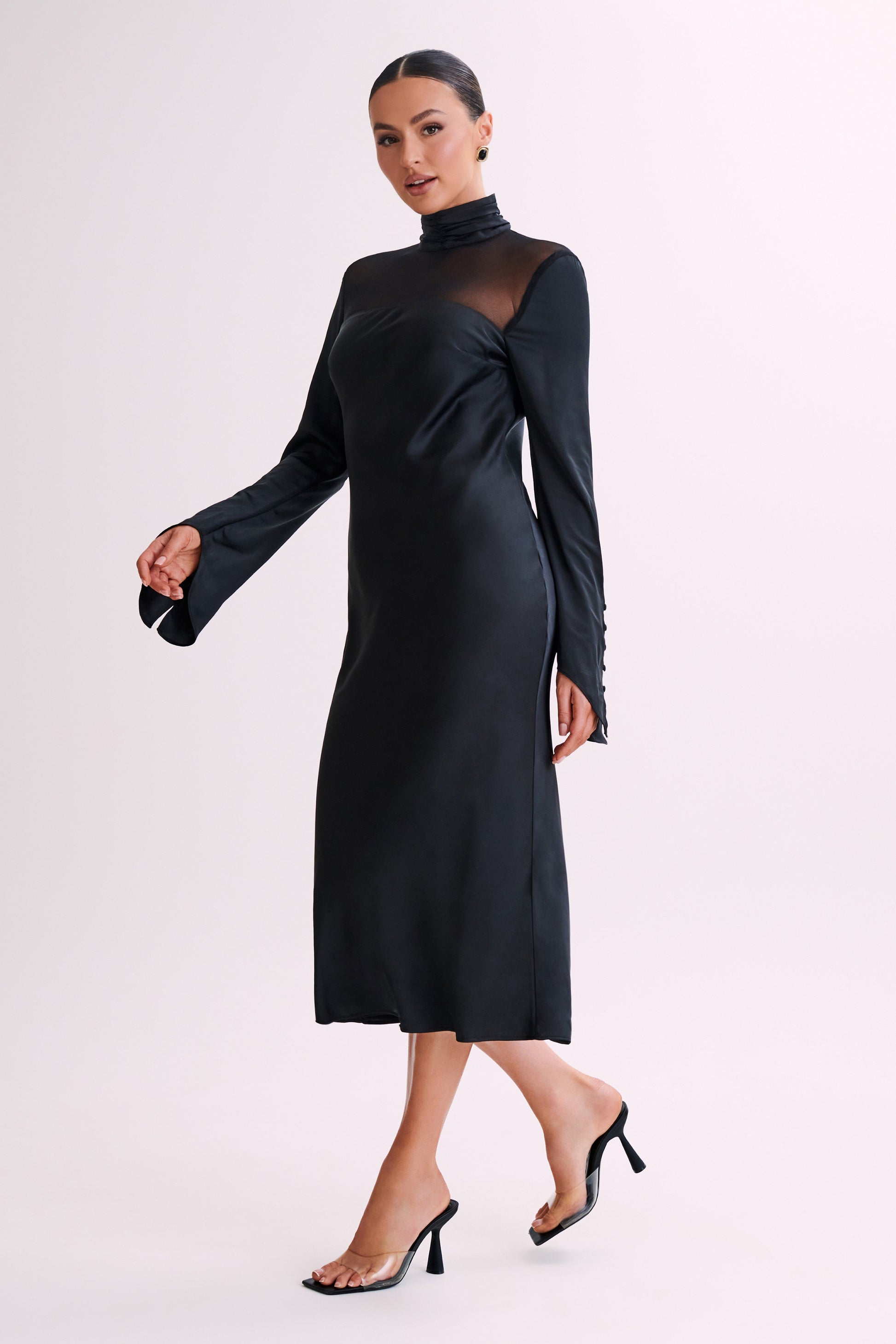 Patricia High Neck Satin Midi Dress - Black #6