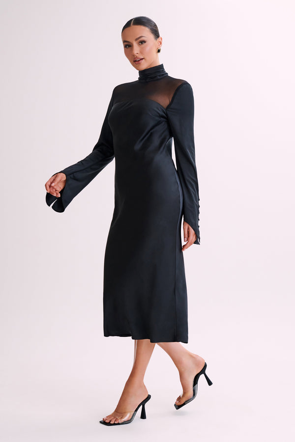 Patricia High Neck Satin Midi Dress - Black