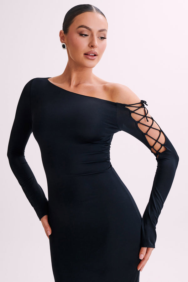 Gabby Tie Sleeve Slinky Maxi Dress - Black