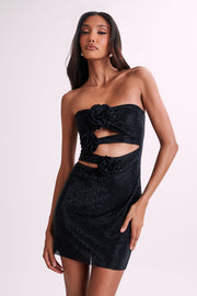 Korinna Strapless Rose Diamante Mini Dress - Black