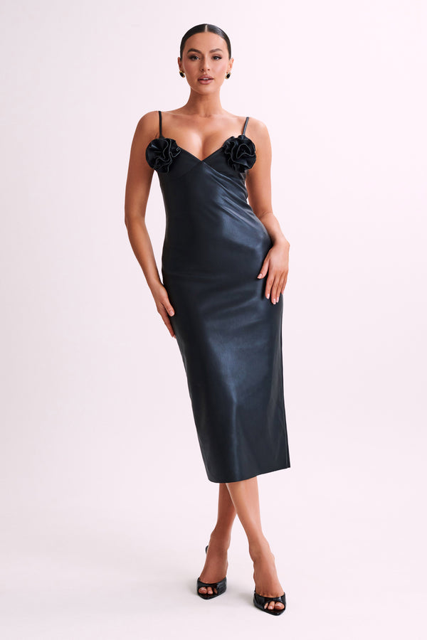 Mariam Faux Leather Rose Midi Dress - Black