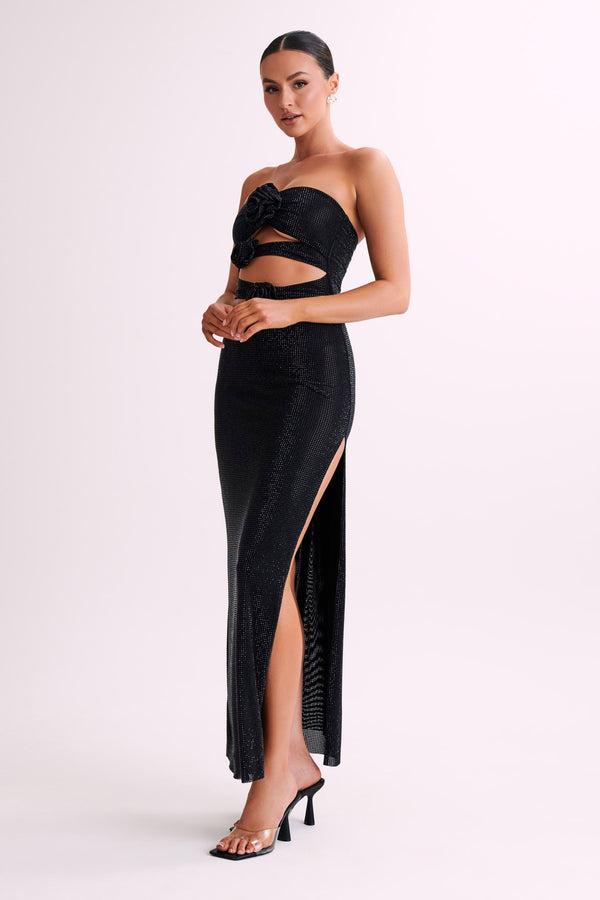 Stassie Strapless Rose Diamante Maxi Dress - Black