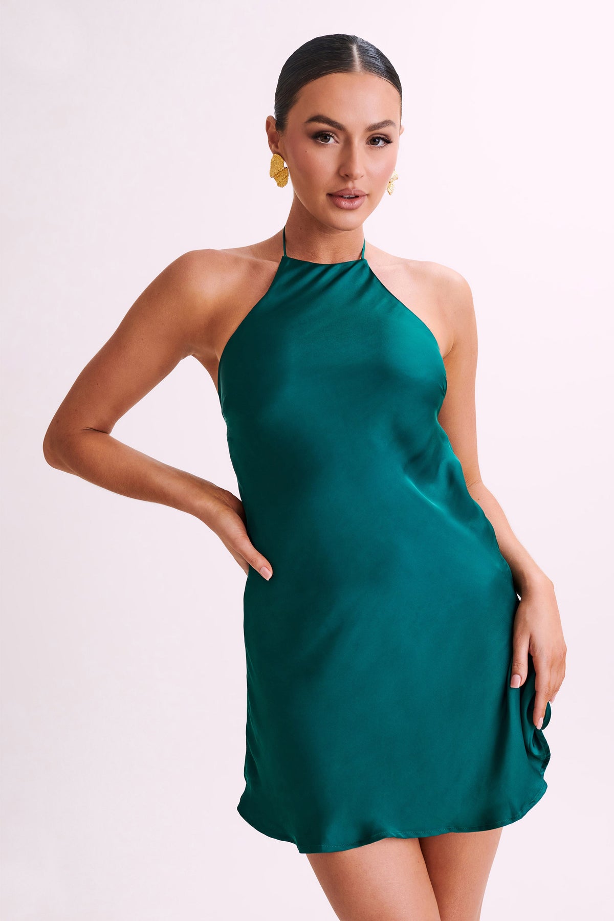 Atlas Satin Bow Mini Dress - Emerald #10