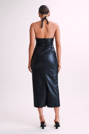 Dori Faux Leather Rose Midi Dress - Black
