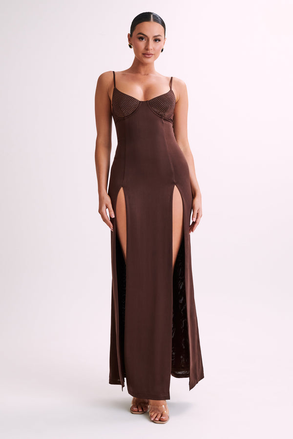 Jojo Jersey Split Maxi Dress With Diamante - Chocolate