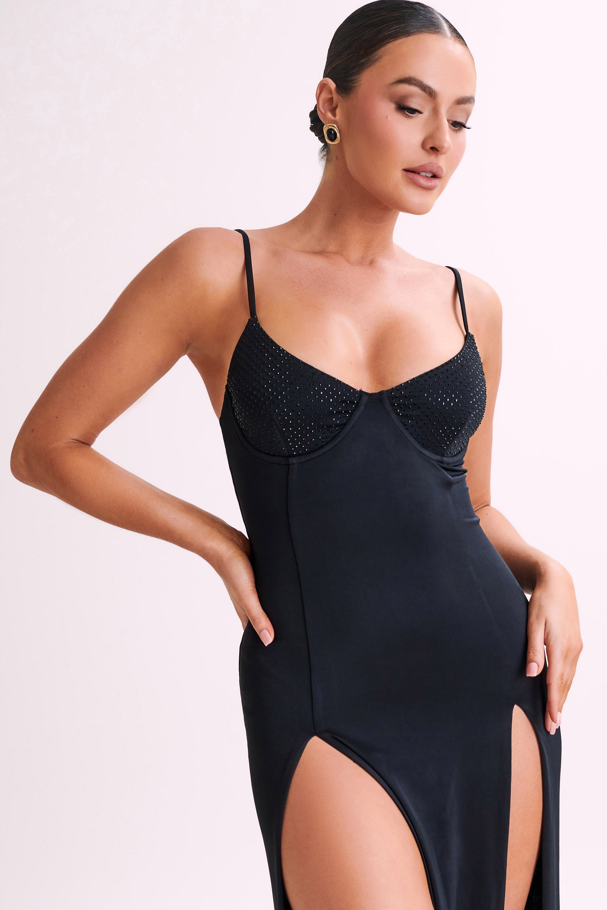 Jojo Jersey Split Maxi Dress With Diamante - Black #9