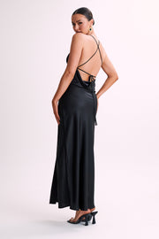 Gina Satin Slip Maxi Dress With Lace - Black