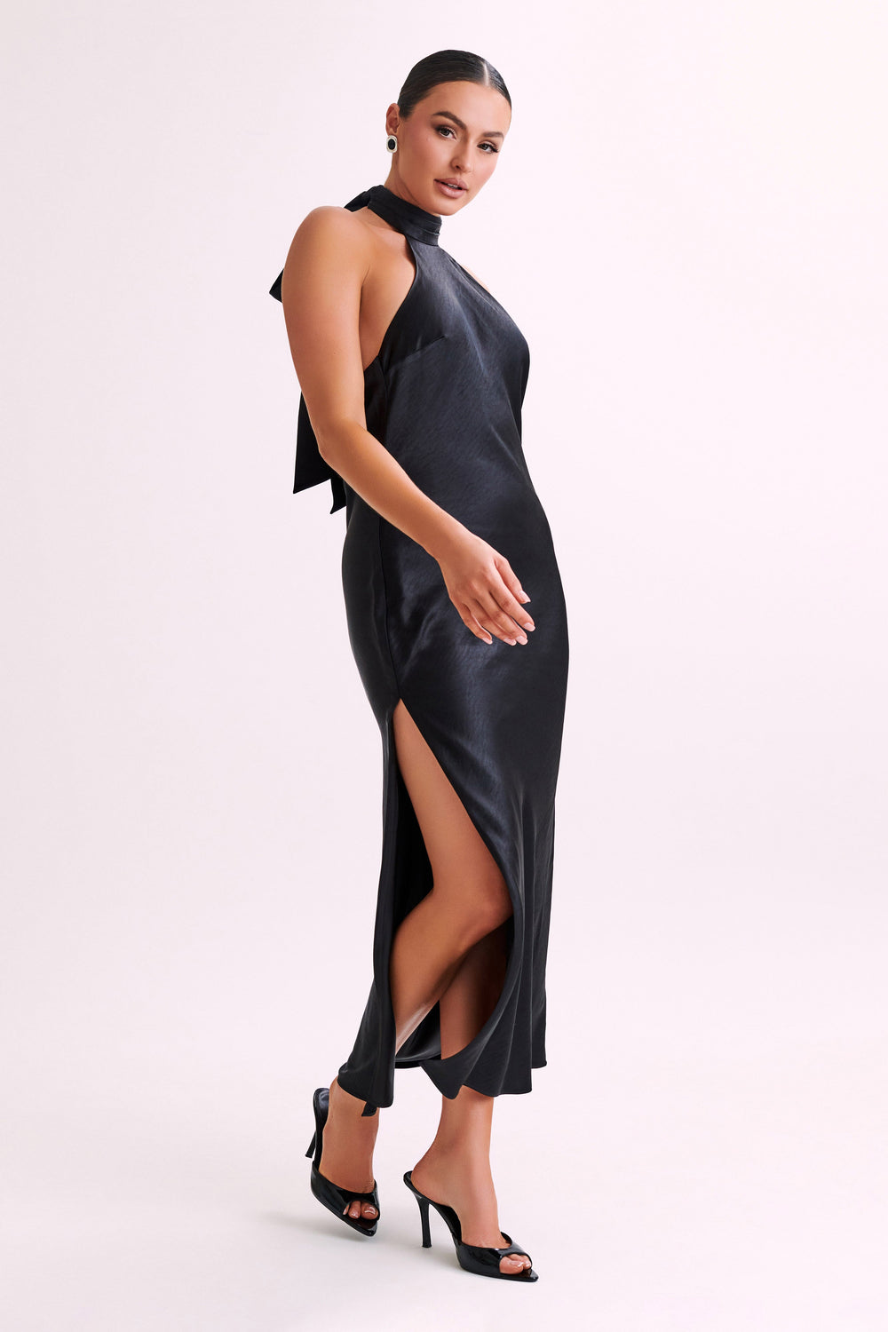 Paulette Satin Maxi Dress With Bow - Black