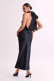 Paulette Satin Midi Dress With Bow - Black
