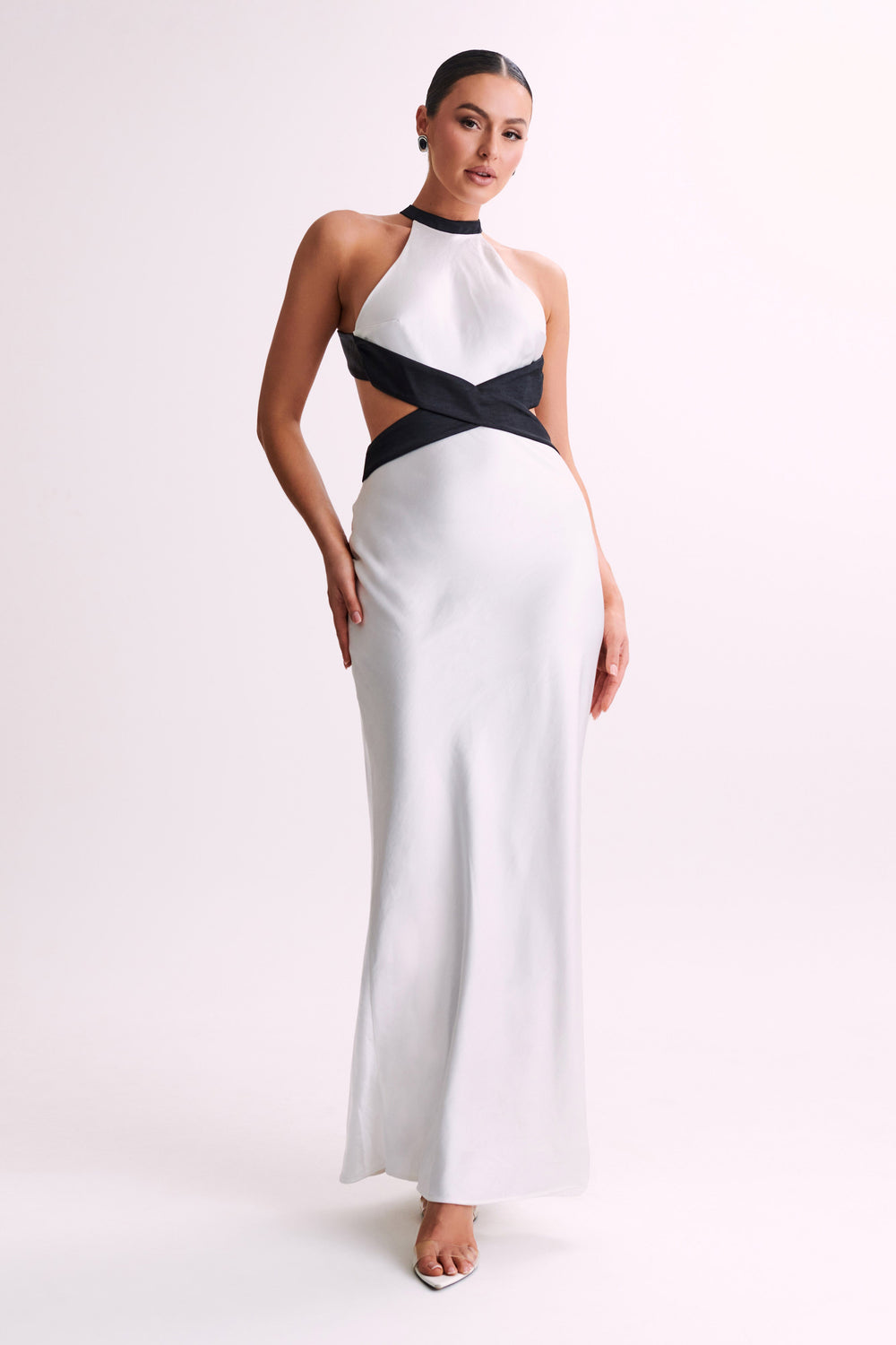 Nalani Satin Halter Maxi Dress - Black & White