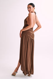 Serenity Ruched Slinky Maxi Dress - Chocolate