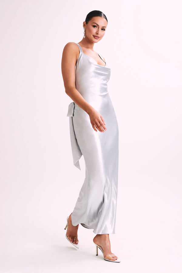 Caellie Satin Cowl Maxi Dress - Silver