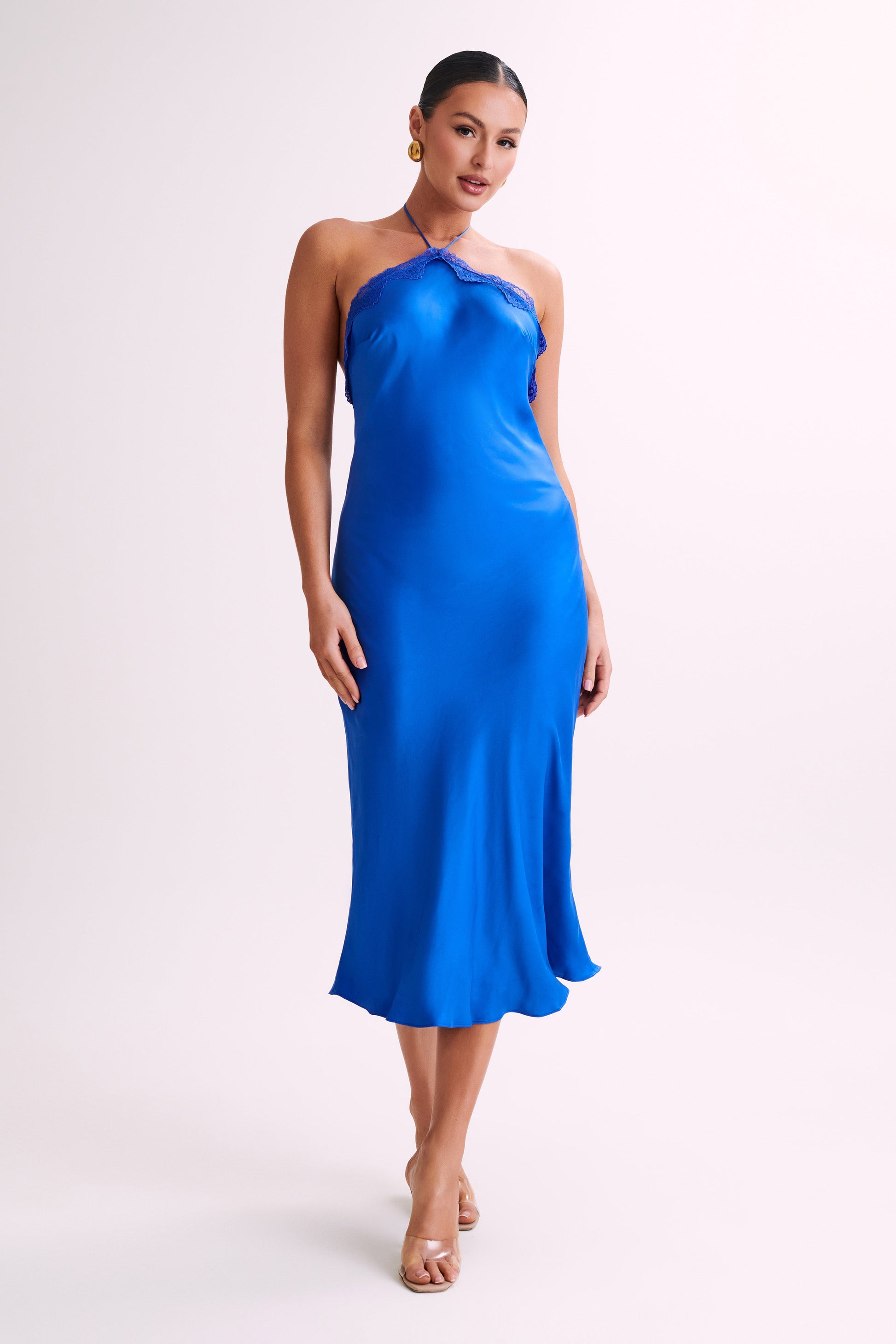 Kaya Satin Midi Dress With Lace - Periwinkle