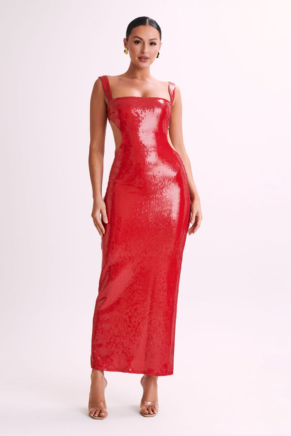 Adoria Sequin Cut Out Maxi Dress Red MESHKI