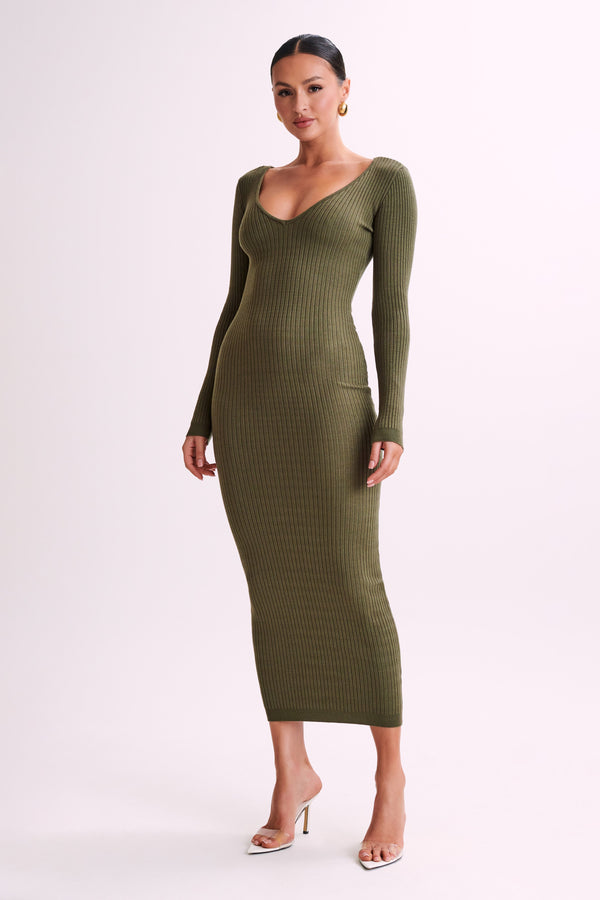 Nina Long Sleeve Knit Midi Dress - Olive