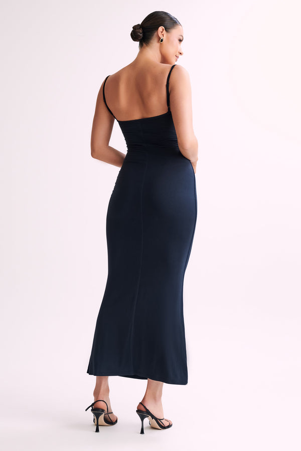 Black and gold v neck fishtail maxi dress top