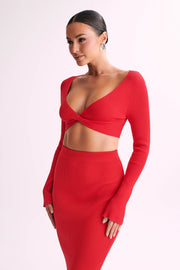 Kaesha Long Sleeve Twist Front Knit Top - Red