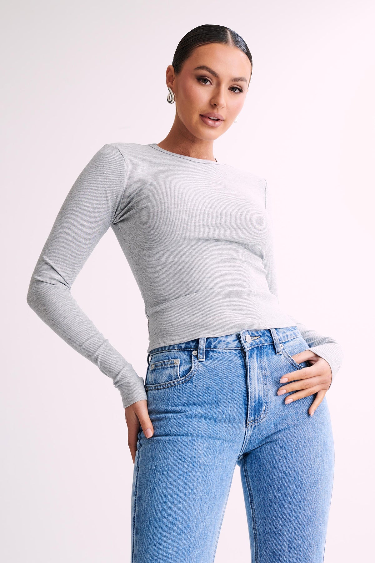 Keeley Long Sleeve Rib Crop Top - Grey Marle #9