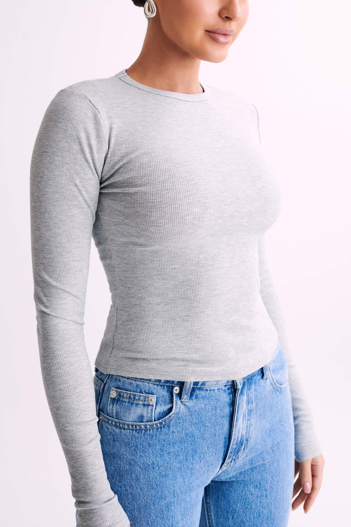 Keeley Long Sleeve Rib Crop Top - Grey Marle #3