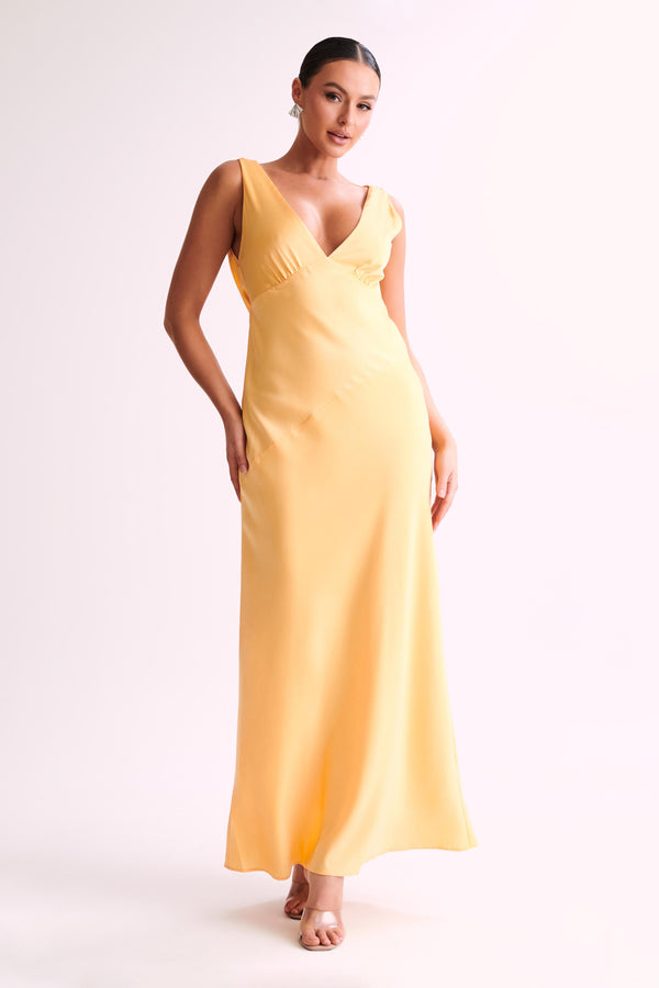 Shop Formal Dress - Nadia  Maxi Satin Dress With Back Cowl - Lemon third image