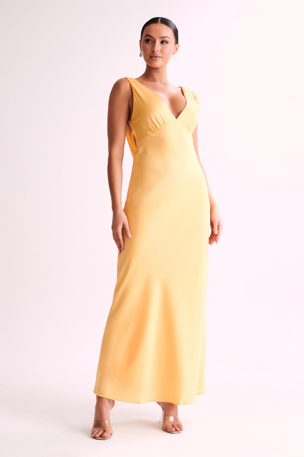 Shop Formal Dress - Nadia  Maxi Satin Dress With Back Cowl - Lemon sixth image