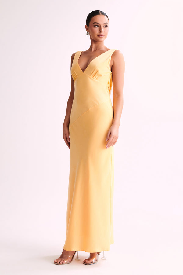 Shop Formal Dress - Nadia  Maxi Satin Dress With Back Cowl - Lemon fifth image