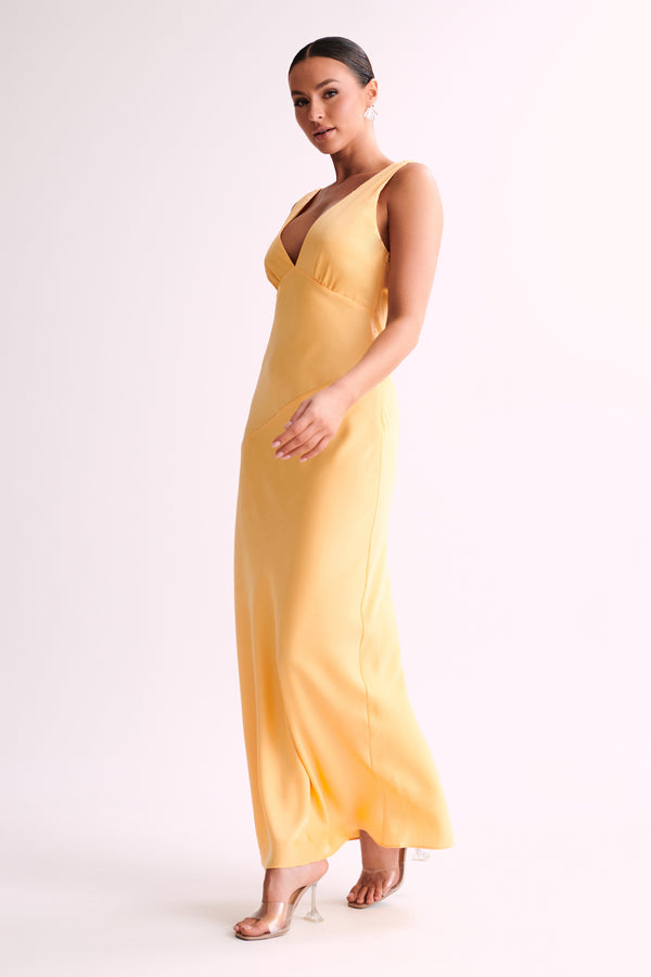 Shop Formal Dress - Nadia  Maxi Satin Dress With Back Cowl - Lemon fourth image