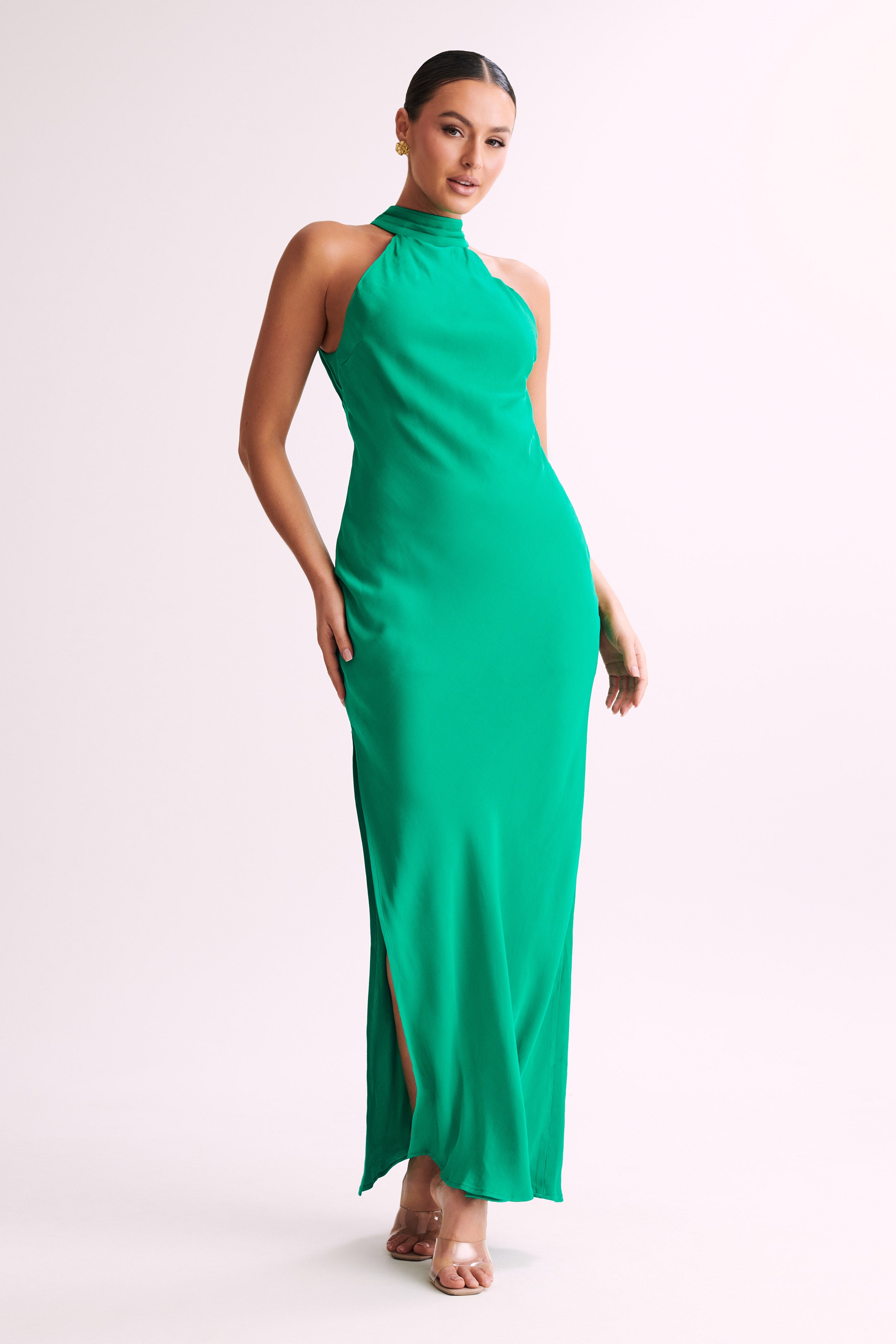 Claire Satin Drape Back Maxi Dress with Split Green MESHKI