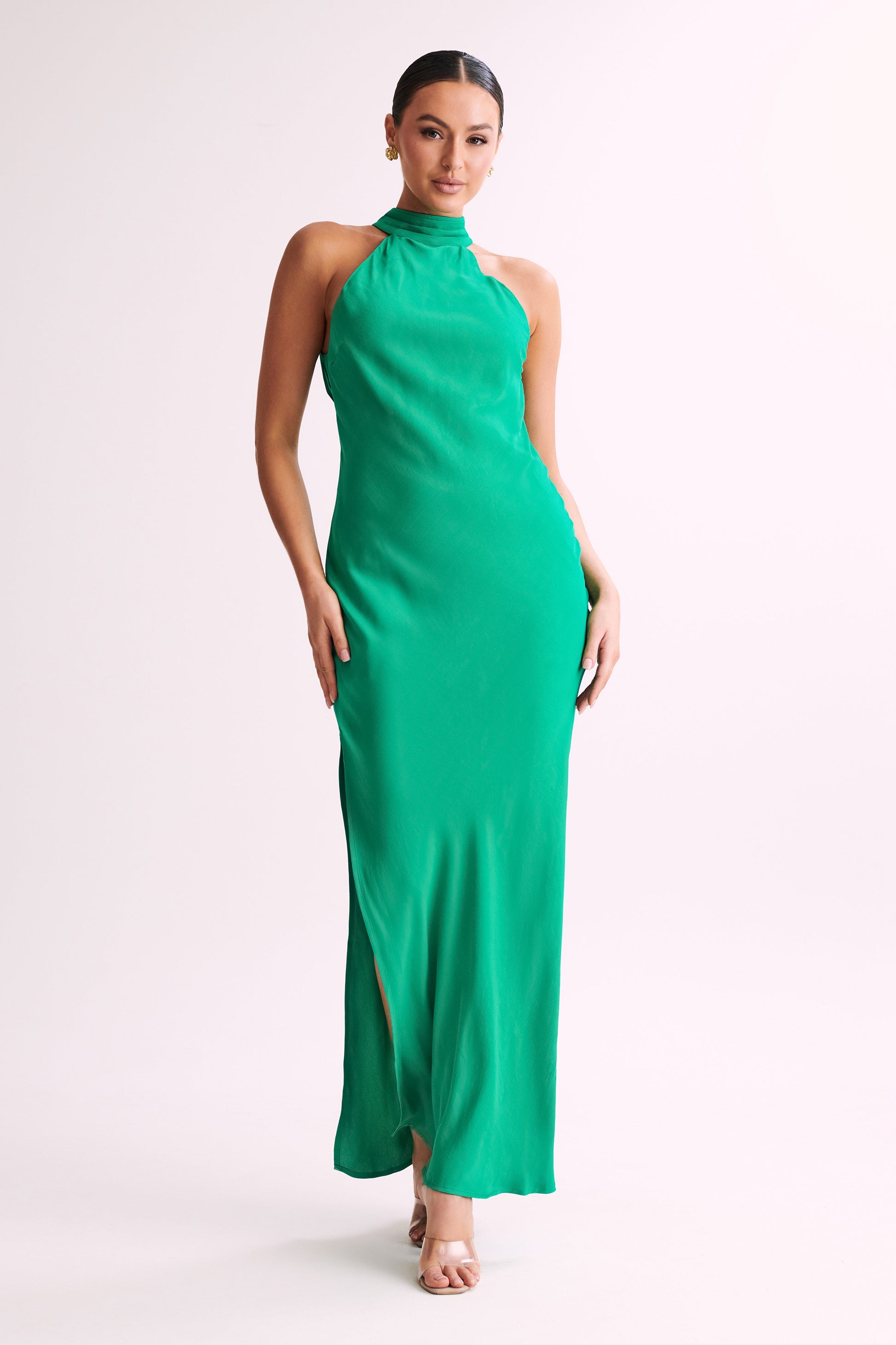 Claire Satin Drape Back Maxi Dress with Split Green MESHKI