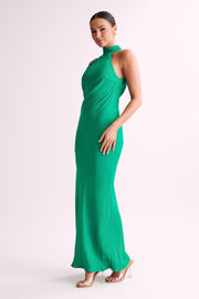 Claire Satin Drape Back Maxi Dress with Split - Green