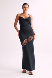 Chandra Lace Detail Satin Maxi Dress - Black