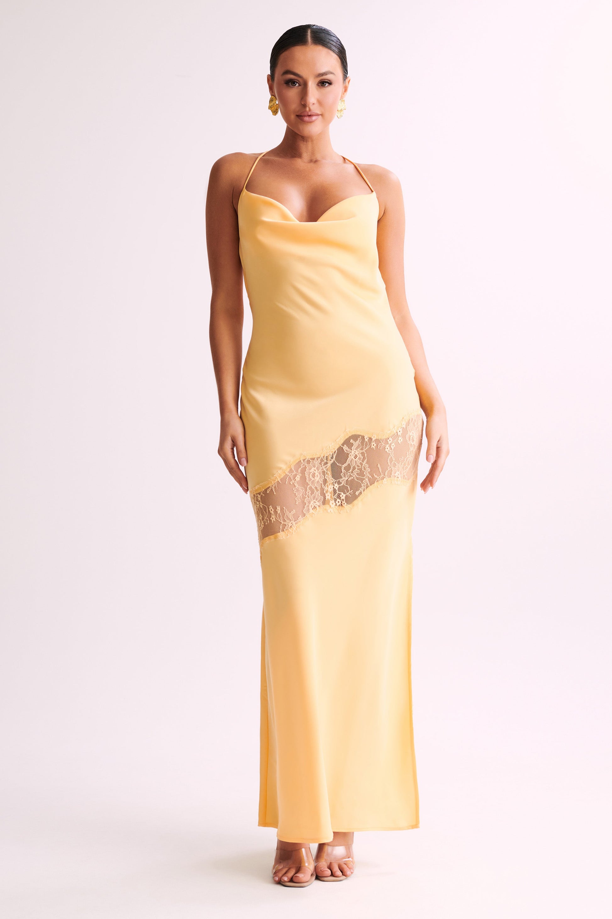 Chandra Lace Detail Satin Maxi Dress - Lemon #5
