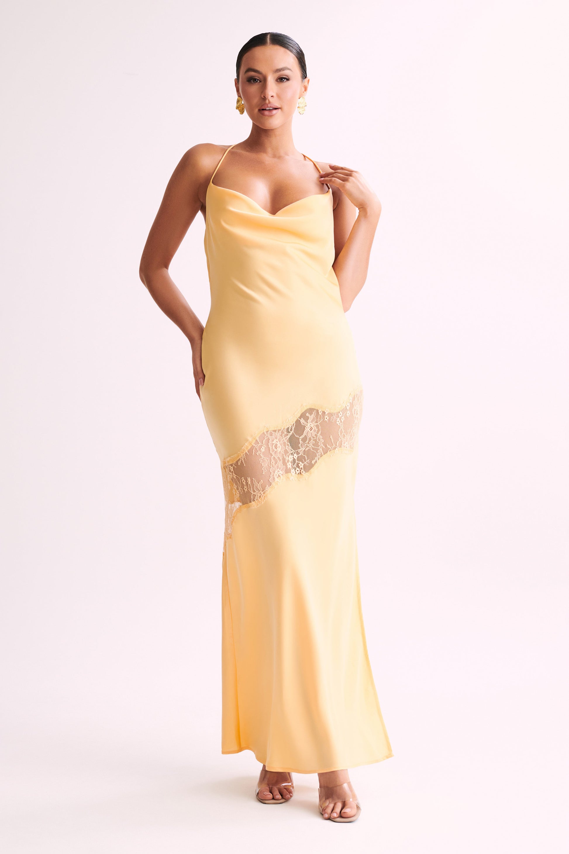 Chandra Lace Detail Satin Maxi Dress - Lemon #6