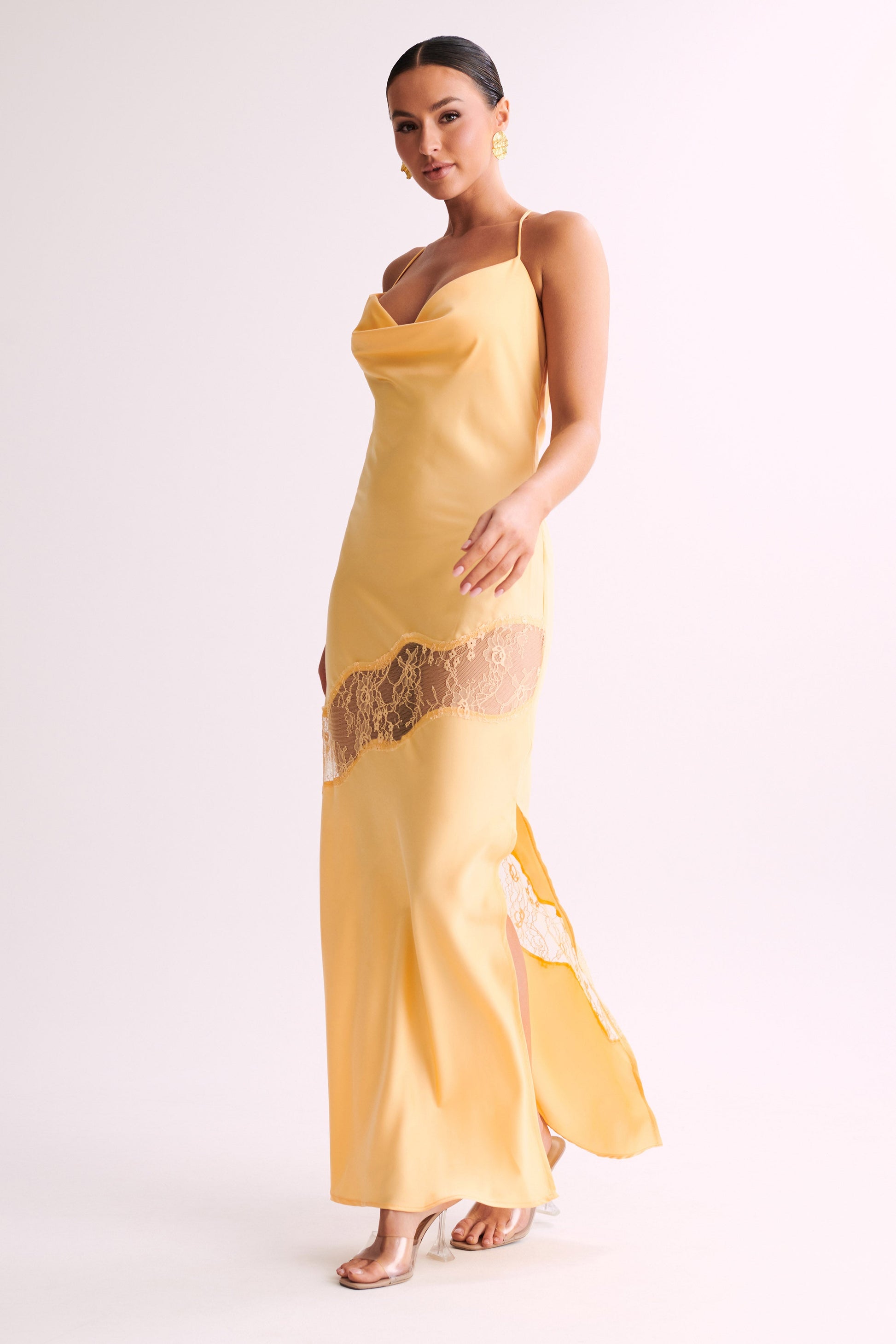 Chandra Lace Detail Satin Maxi Dress - Lemon #7