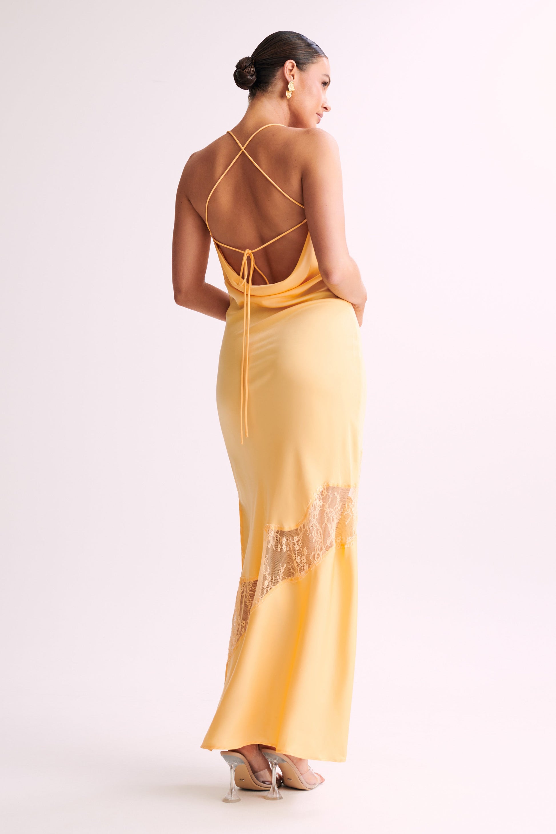 Chandra Lace Detail Satin Maxi Dress - Lemon #3