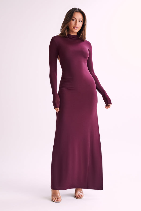 Elani Slinky High Neck Maxi Dress - Burgundy