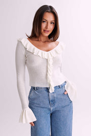Aster Knit Top With Frill - White