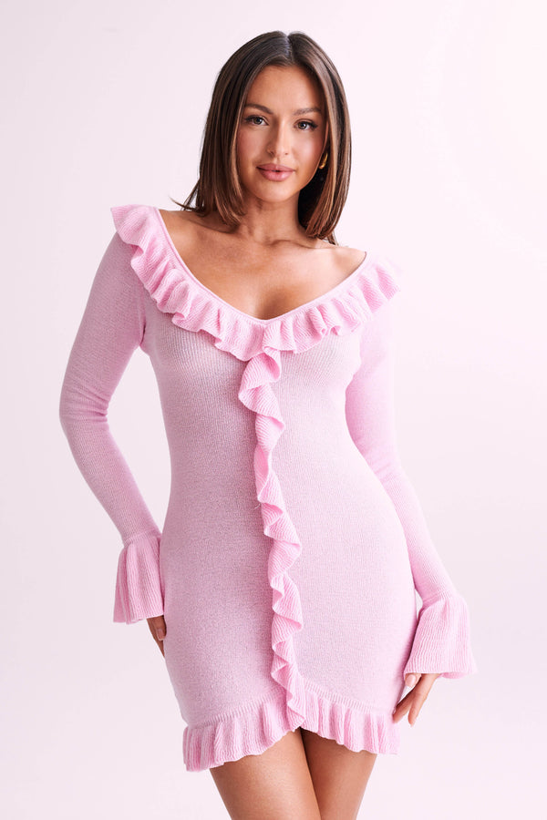 Karolina Knit Mini Dress With Frill - Blush Pink